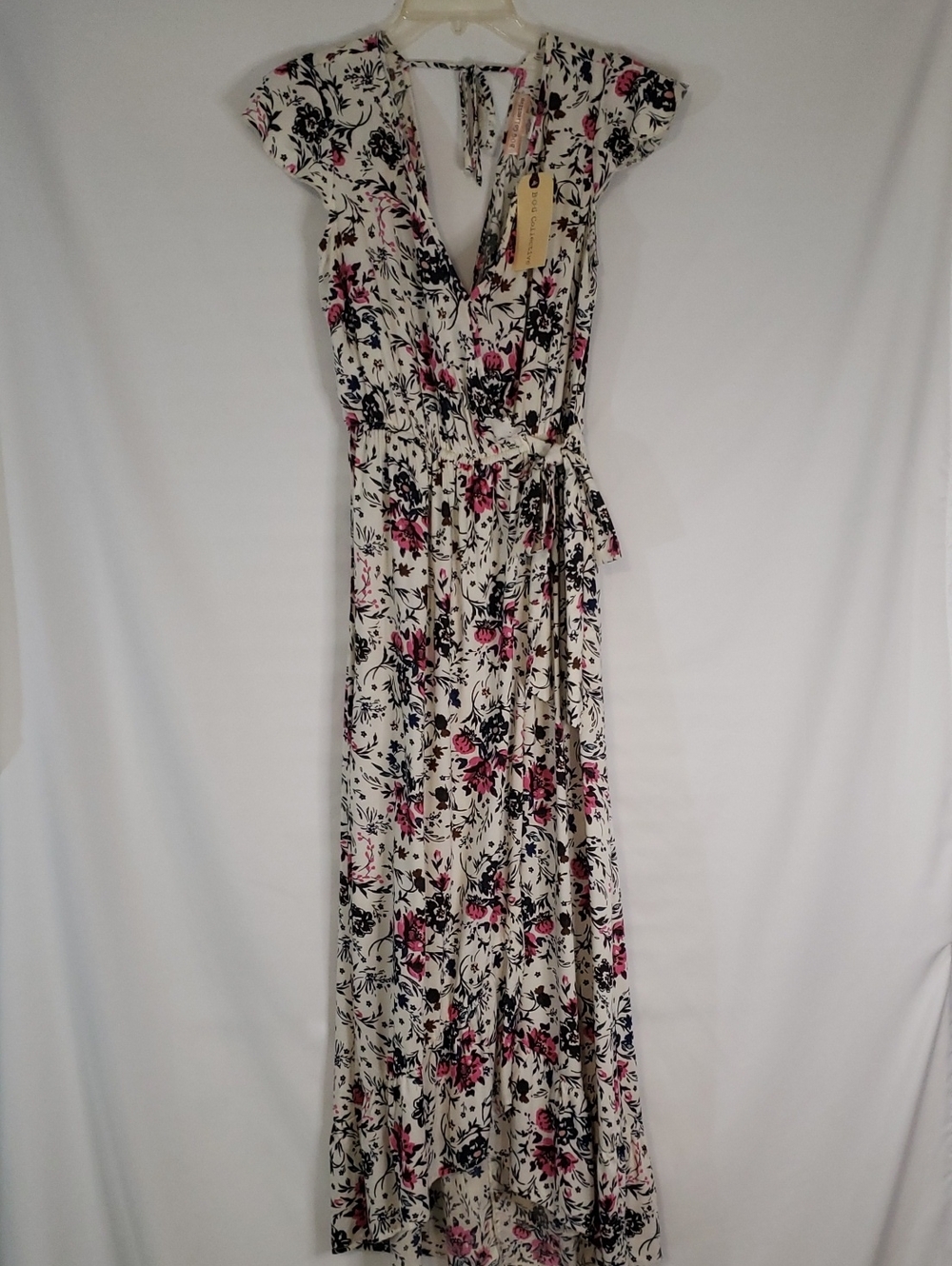 BOG Collective Floral V-Neck High-low Maxi Faux Wrap Dress Cream Floral Print
